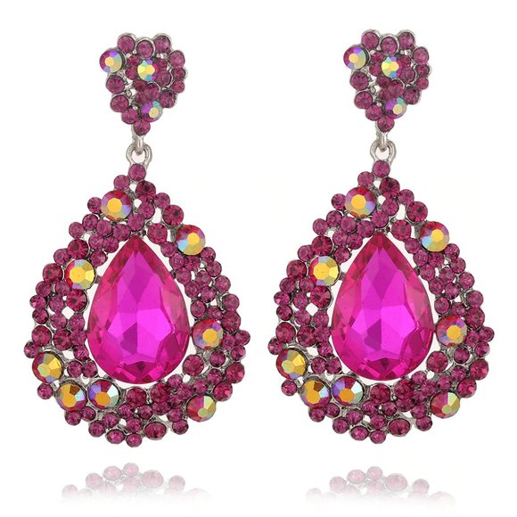 Fuchsia Pink Austrian Crystal Chandelier Earrings Prom Pageant Formal - Picture 6 of 7